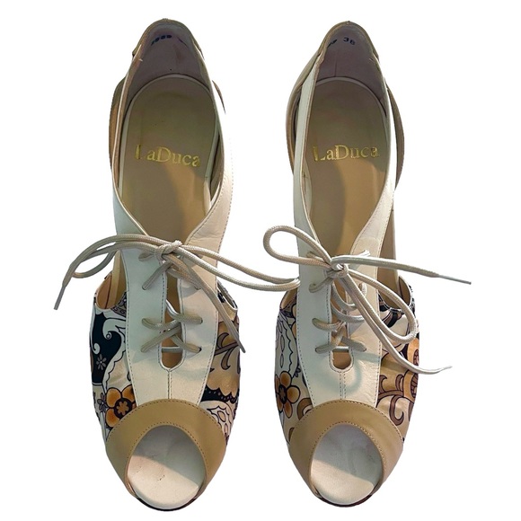 SUPER RARE Laduca KATRINA Cream & Beige Leather W/Printed Satin Size 38 LE EUC - Picture 5 of 6